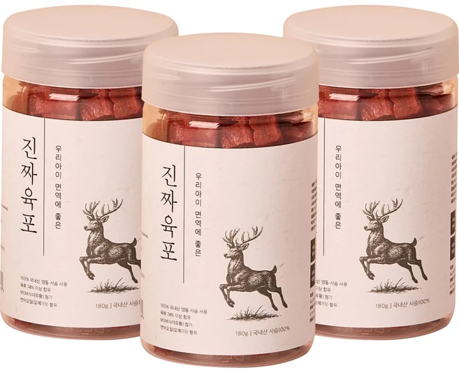 진짜육포 미니바이트 강아지 간식 져키 180g, 사슴고기, 3개 - 쿠팡