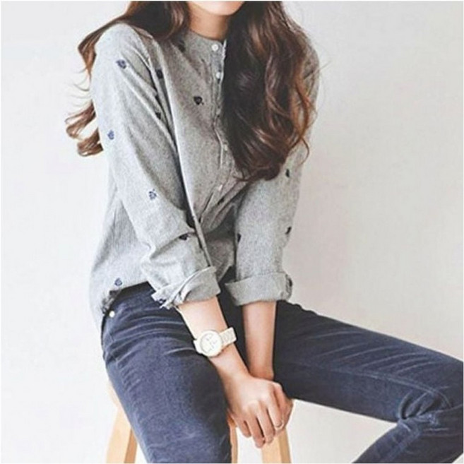 차이나넥 캐주얼 긴팔셔츠 여성 단정한 셔츠 자수남방