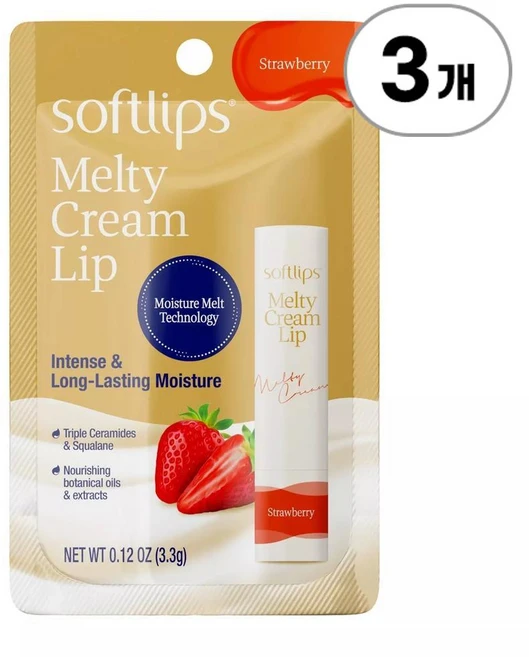소프트립스 멜티 크림 립밤 스트로베리 Softlips Melty Cream Lip Balm Strawberry 3g, 3개 - 쿠팡