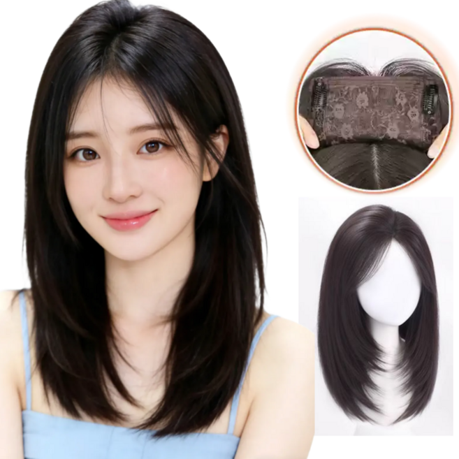 지니판 초보자 통가발 C컬 레이어드컷 간편한 똑딱핀 착용(정수리가발), 1개, 내츄럴블랙