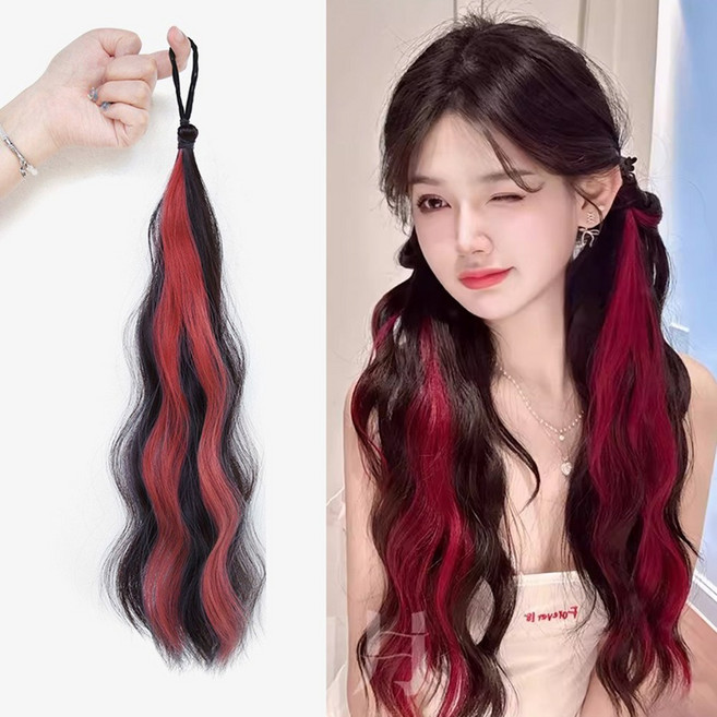 MIZUCOS 컬러 헤어 웨이브 긴머리 브릿지 포니테일 부분 가발 머리끈, 레드, 1개
