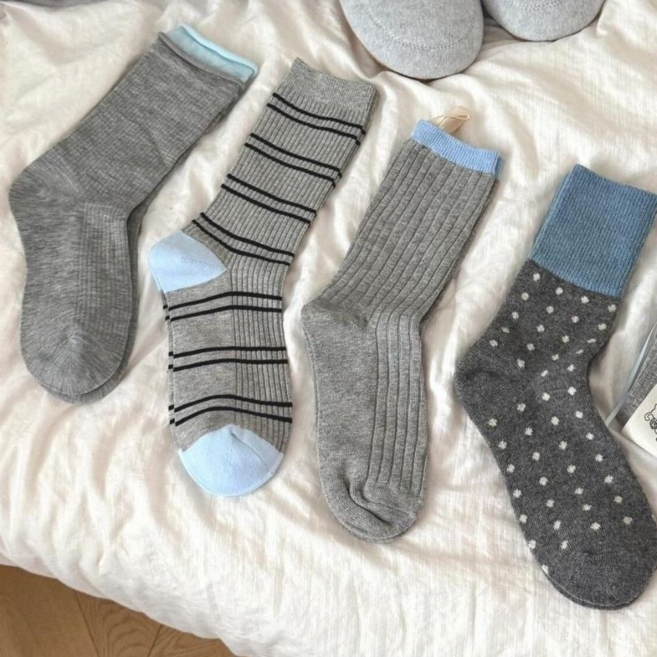 럽니드삭스 4종세트 여성용 블루그레이 배색 양말세트