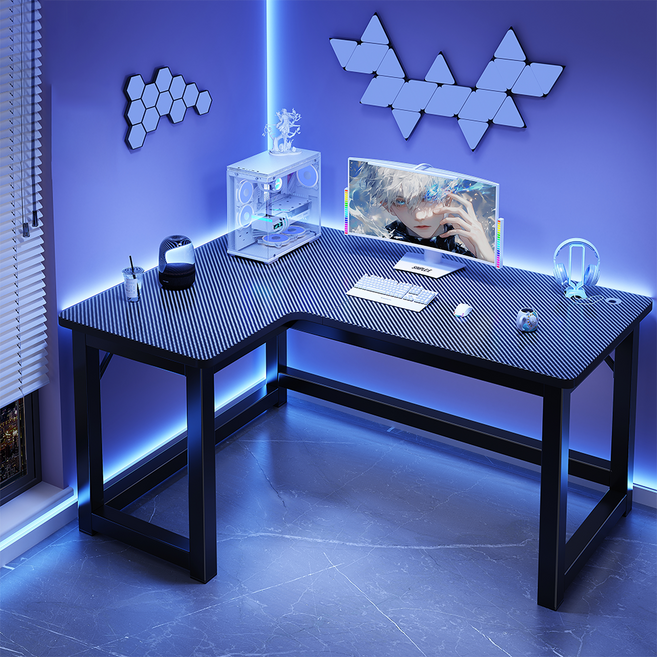 심플리 좌우호환 ㄱ자 컴퓨터 게이밍 책상, 카본 파이버 블랙