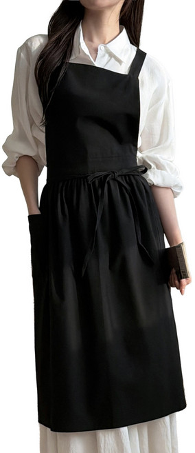 두리앤고 프리미엄 워싱 H형 카페 원피스 앞치마, 블랙, 1개