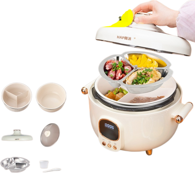 HAP韓派 多功能電鍋，2L/4L可變容量，三段火力調節，內鍋分格設計, 米白色, 拍一發七