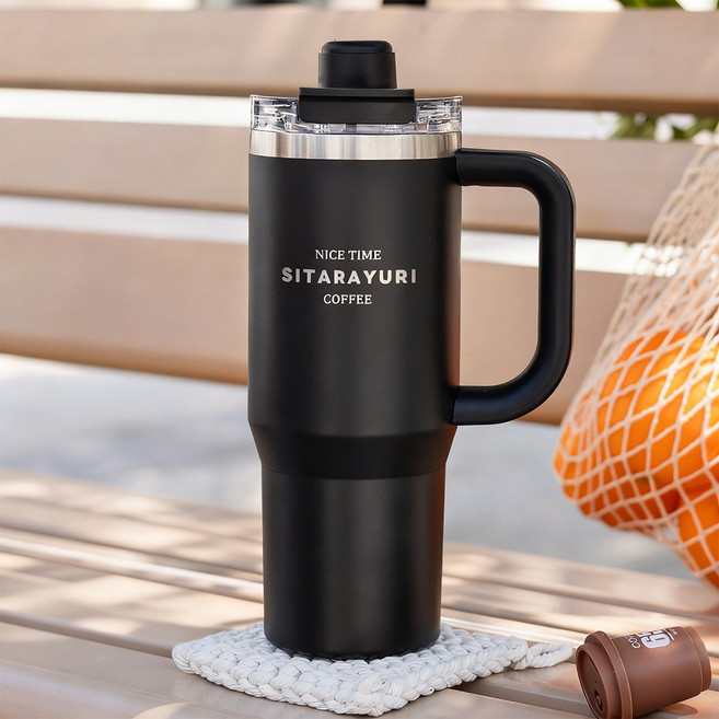 콜콜러브 대용량 텀블러 304 스텐 빨대 손잡이형 텀블러 이중 보온병 보냉병 차량용 캠핑용, 1개, 900ml, 블랙