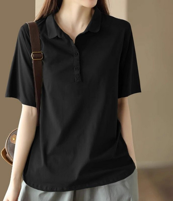 메인워크 중년 여성 폴로넥 빅사이즈 반팔 티셔츠 여름 엄마룩 스판 냉장고 심플 캐주얼 터틀넥 티셔츠 레깅스 상의