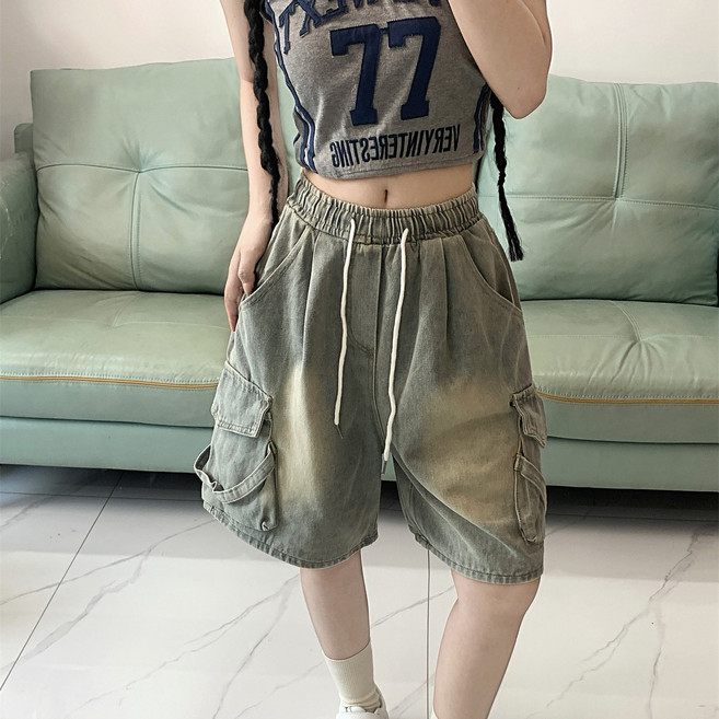 슬림소녀 여성 여름 카고 데님 청반바지 스트링 루즈핏 솔리드 5부 통바지
