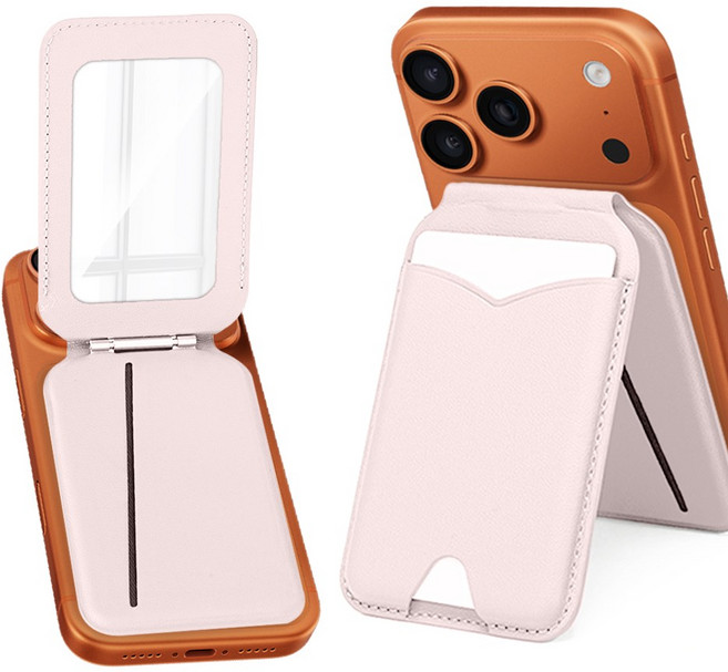 EVOL 강한자력 맥세이프 3장수납 스탠드 가죽 거울 카드지갑 거치대, 1개, 빈티지 핑크