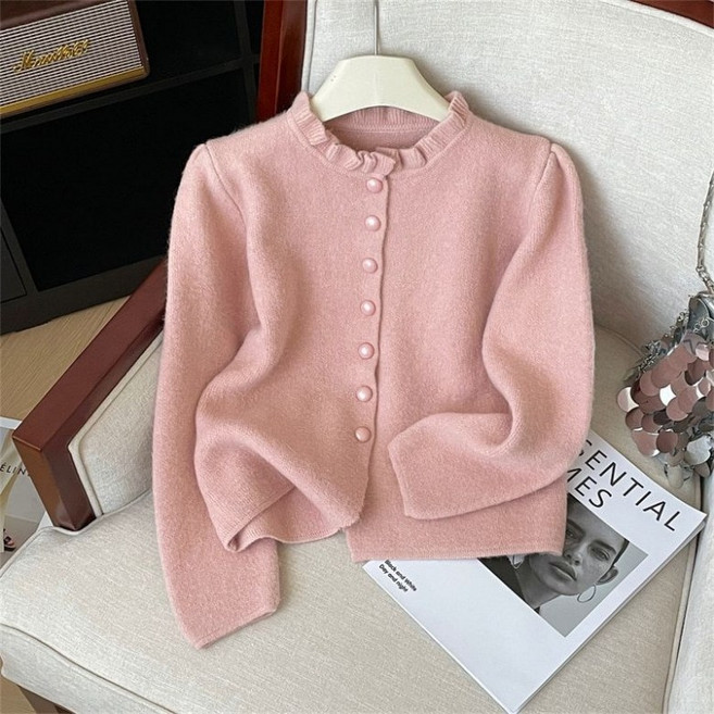 아이엠몽 여성 프릴 하이넥 긴팔 니트 가디건