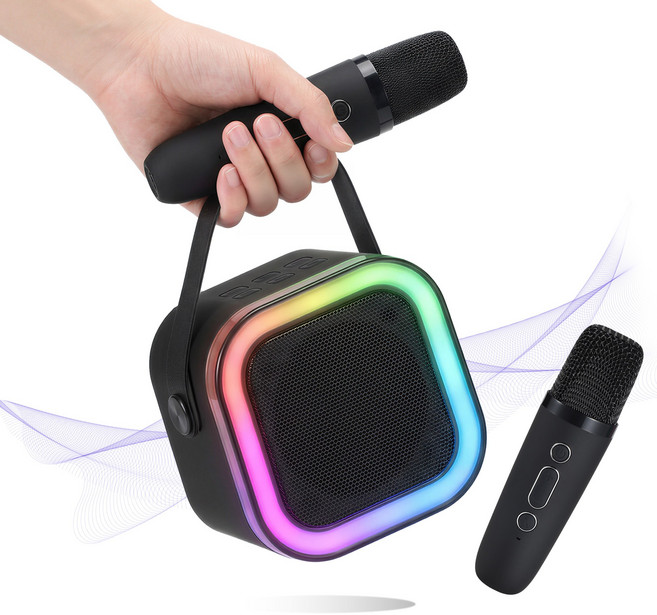 노래방 세트 블루투스 5.3 스피커 + 무선 마이크 2대+RGB LED 조명 + 반주 기능, 블랙, K12