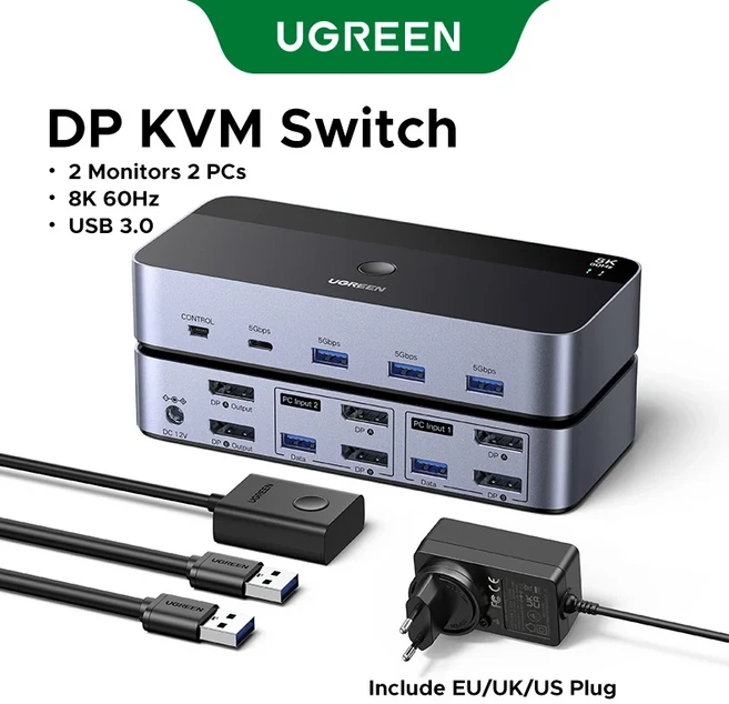 UGREEN DP 1.4 스위치 8K 60Hz KVM 2PC 디스플레이 키보드 마우스 프린터 공유 케이블 포트 변환기 PS5 Xbo, 01 8k DP KVM Kit, 01 CHINA