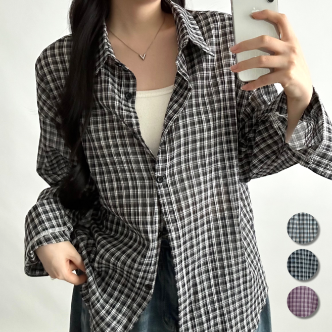 핏몬 여성 체크 루즈핏 구김없는 시어서커 박시 남방 롱 셔츠 55~77