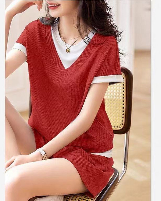 AREVI여성 여름 트레이닝 세트 데일리 캐주얼 런닝복 반팔 반바지 상하 투피스