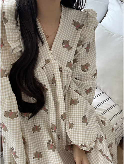 긴팔 여신 빅사이즈 감성 오버핏 파자마 홈웨어 원피스 44~120