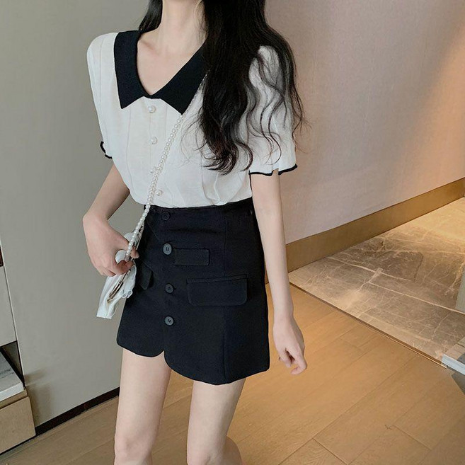 good 風針織短袖薄款娃娃領上衣白色夏季小衫女高腰恤