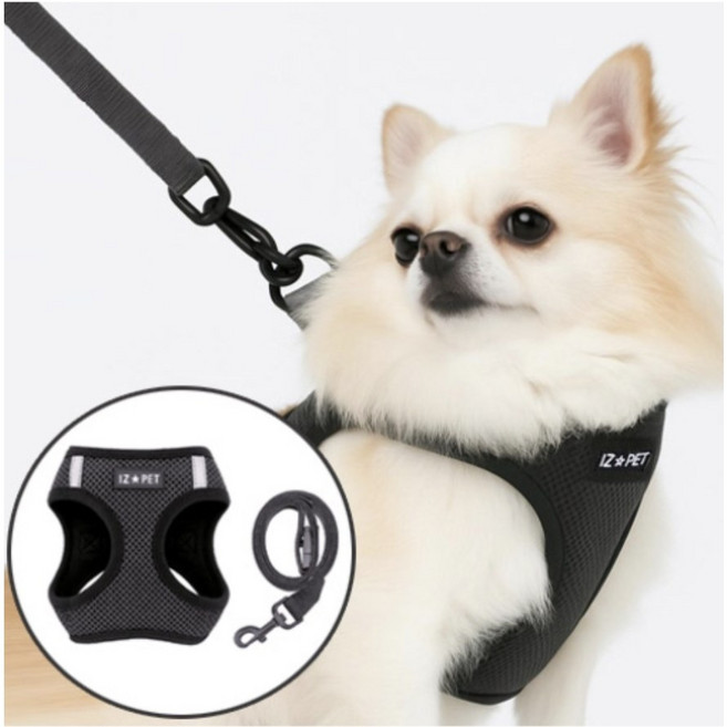 아이즈펫 메쉬 하네스 + 리드줄 SET 빛반사 기능 편안한 고급형 가슴줄 산책 필수템, 그레이, 1개