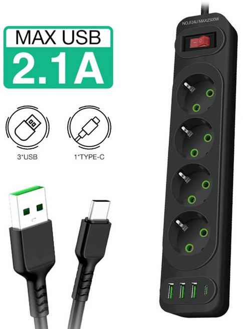 EU 플러그 전원 스트립 4개의 USB 포트가 있는 AC 콘센트 멀티탭 확장 2m 코드 전기 소켓 2500W 고속 충전 서지 보호기, black