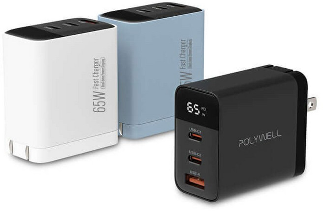 POLYWELL 65W氮化鎵數顯快充頭 快速充電器 多協議相容, 黑, 1個
