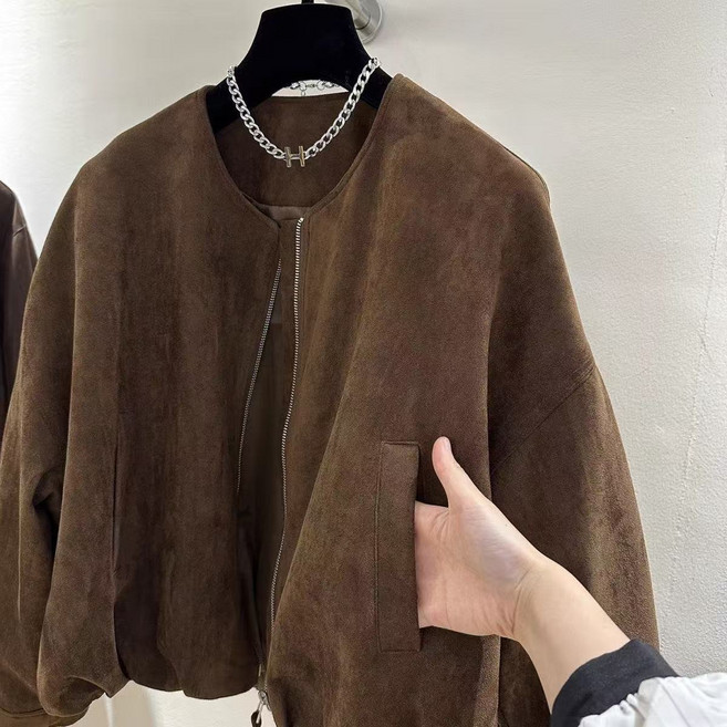 여성 루즈핏 스웨이드 자켓 간절기 데일리 숏기장 노카라 자켓 점퍼