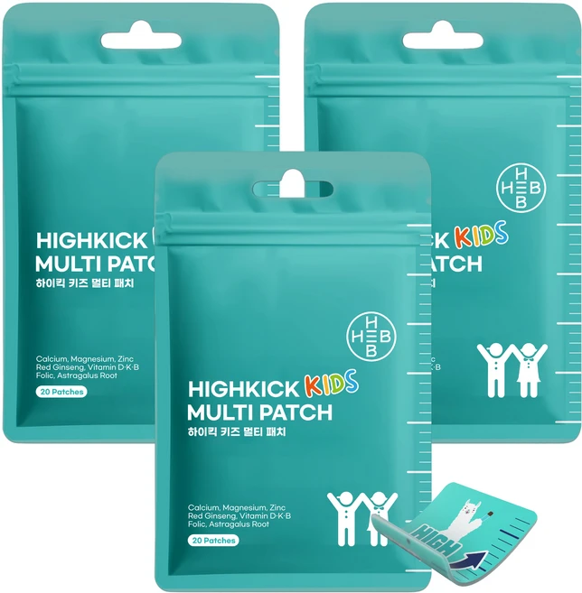 햅 하이킥 키즈 멀티 패치 칼슘 아연 마그네슘 비타민D 특허보유 KC인증 독일더마인증, 20매입, 3개 - 쿠팡