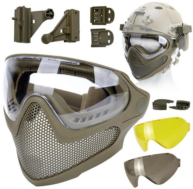 HANSTRONG GEAR Tactical Airsoft Pilot 강력한 보호 풀 페이스 마스크 듀얼 모드 고글 시스템 교체 가능한 렌즈 3개 포함 어댑터가 있는 패스트, 탠 색상