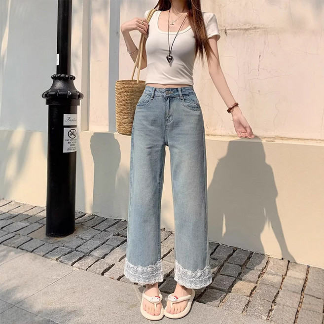SAHINER 여성 데님 와이드 9부 팬츠 레이스 트리밍 여름용 캐주얼룩 ANZ97