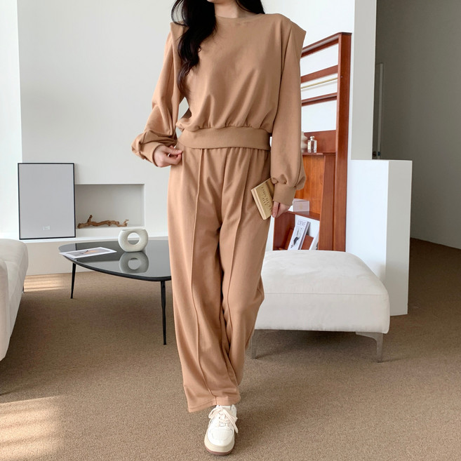 나인테일 여성 봄 특양면 무지 크롭 날개티 하이웨스트 밴딩 주름바지 세트 5컬러