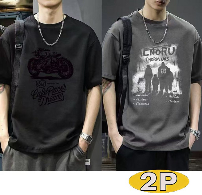 1+1 남성 오버핏 반팔 티셔츠 그래픽 프린트 루즈핏 여름 데일리 캐주얼 상의