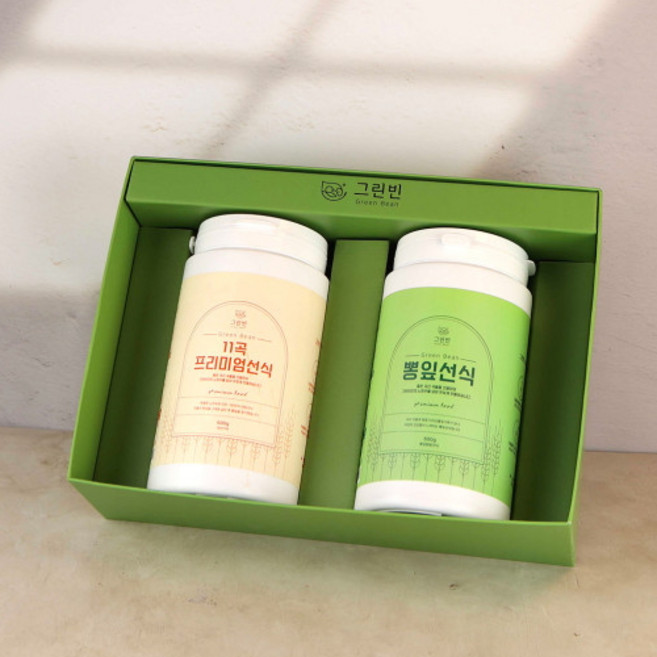 그린빈선식 그린빈B선물세트(11곡+까망)600gx2P 스팀으로찐 국산100%통곡물을 정성껏만든 무첨가.무방부제의 차별화 된 명품선식.신선함과 정성의원칙! HDPE용기, 1세트, 600g