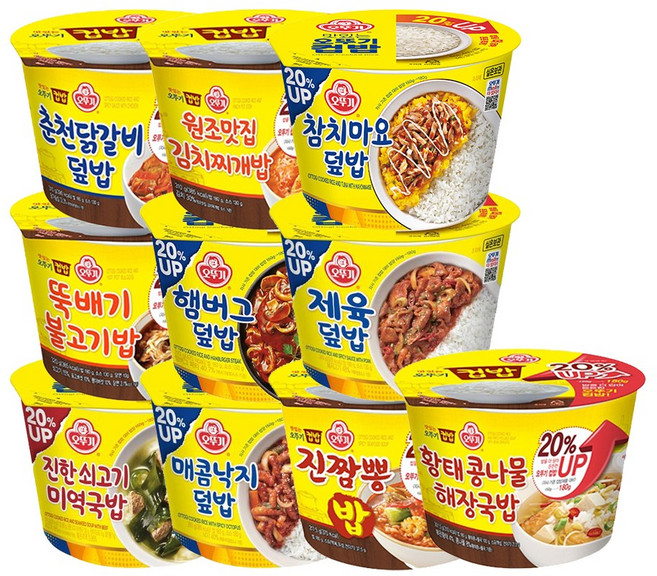 오뚜기컵밥 10종 황태 콩나물해장국밥+참치마요덮밥+제육덮밥+진짬뽕밥+햄버그덮밥+원조맛집김치찌개밥+매콤낙지덮밥+춘천닭갈비덮밥+진한쇠고기미역국밥+뚝배기불고기밥, 1개