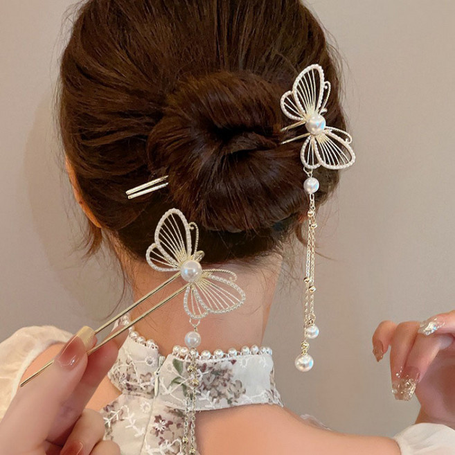 ZMBIRD 2PCS 나비 진주 태슬 헤어핀 올림머리 헤어 비녀 N1257