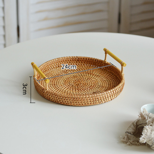 北歐藤編收納籃, 藤圓提耳點心黃手柄24*3cm, 1套