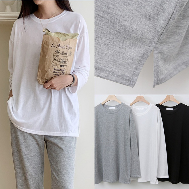 아이우먼 빅사이즈 데일리 옆트임 무지 긴팔티 오버핏 베이직 여성 가을 봄 티셔츠 66-100 size 여자큰옷