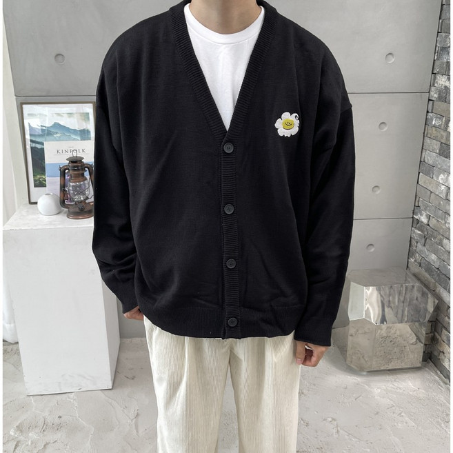 봄가을 남자 오버핏 핀꽃 자수 패치 가디건 4Color