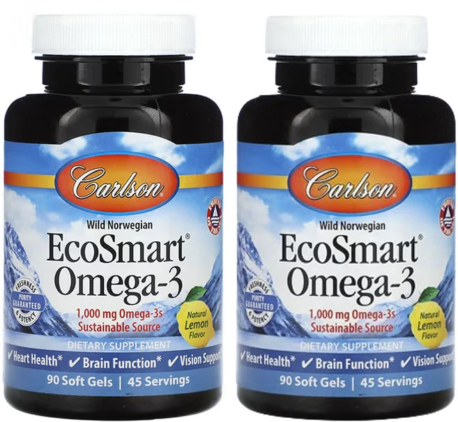 칼슨 노르웨이 자연산 EcoSmart 오메가3 천연 레몬맛 1 000mg 90소프트젤(소프트젤 1정당 500mg), 2팩, 90정 - 쿠팡
