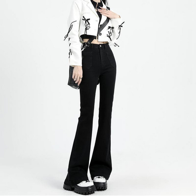 VIISHOW 여성용 수신하다 스판 하이웨스트 나팔바지 청바지