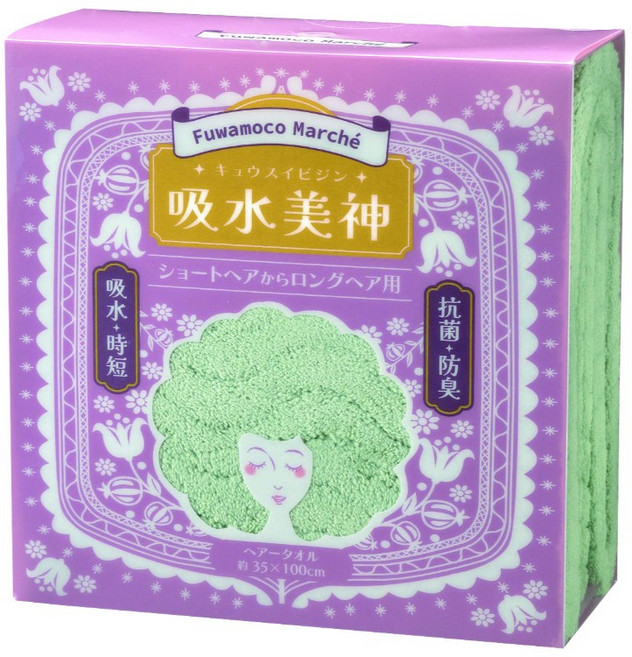 Fuwamoco Marche 吸水速乾髮用毛巾, 綠色, 1個