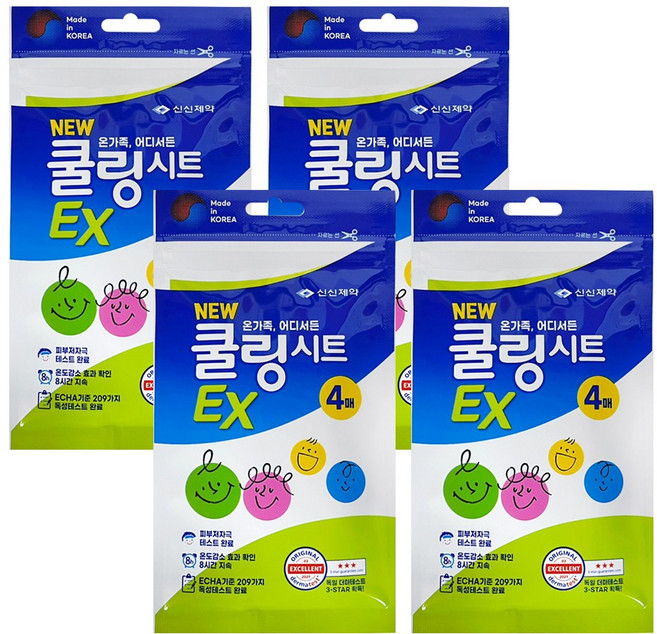 신신제약 쿨링시트EX 온가족 어디서든 8시간 지속, 4개, 4매입