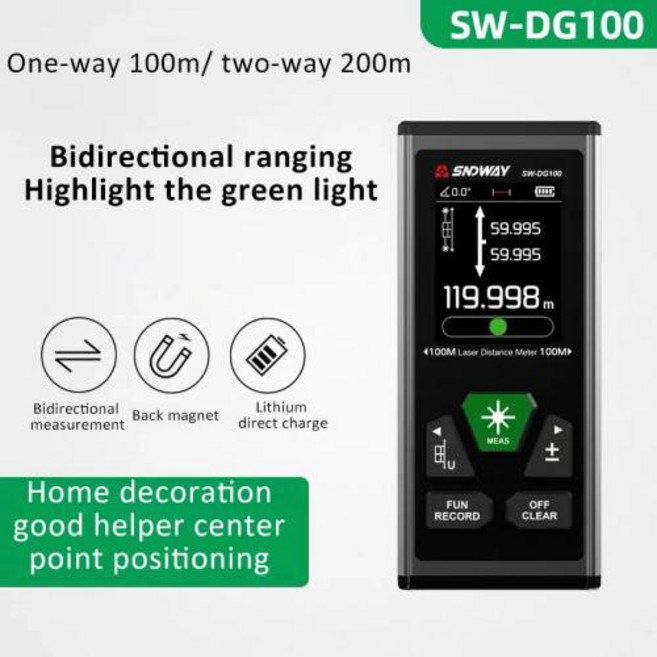레이저 거리 측정기 SW-DR/DG 시리즈 2 웨이 빨간색/녹색 60M/100M 디지털 충전식, 4)SW-DG100 Green beam