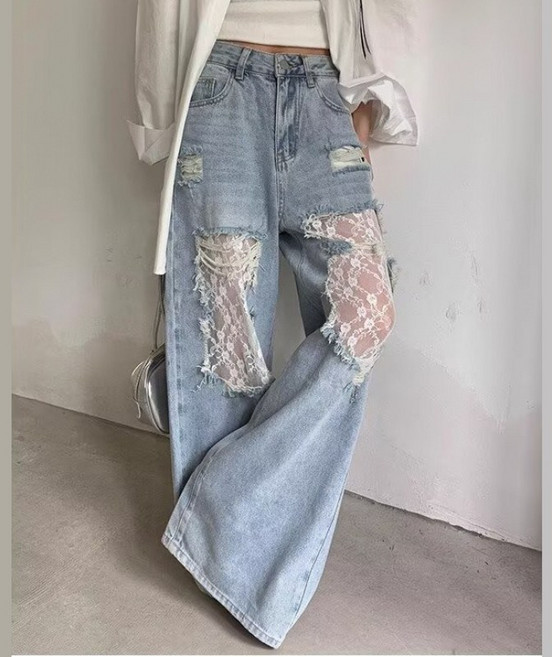 SAHINER 여성 데님 와이드 팬츠 찢어진 레이스 패치 여름용