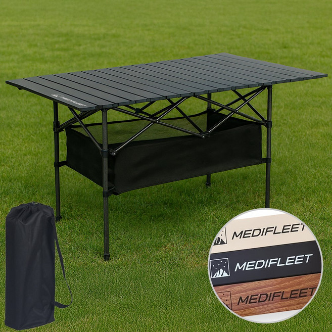 메디플릿 접이식 롤업 아웃도어 경량 캠핑 대형 테이블 수납 주머니 포함, 블랙