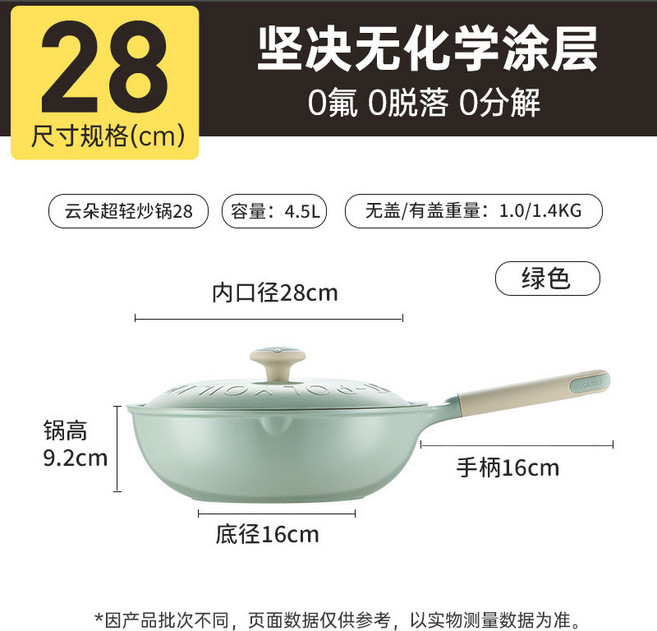0氟陶瓷鈦盾不沾鍋 32cm 炒鍋/煎鍋 輕至1KG 燃氣電磁爐通用, 1個, 【綠色28CM帶鍋蓋0塗層】超輕有鈦耐磨