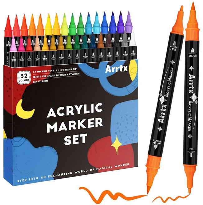 ARTX 페인트 파인 브러시 유리 마커 세라믹 색상 팁과 공예품 용품 미술 팁이 있는 암벽화를 듀얼 목재 패브릭 DIY 위한 마커 32가지, 32