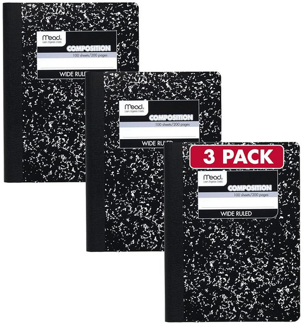 Mead 연습장 넓은 유선 필기 노트 유선형 내지 포함 대학생 및 K-12용 홈스쿨 용품 24.8 x 19.1cm(9-3/4 7-1/2인치) 100장 블랙 대리석 표, 1개입