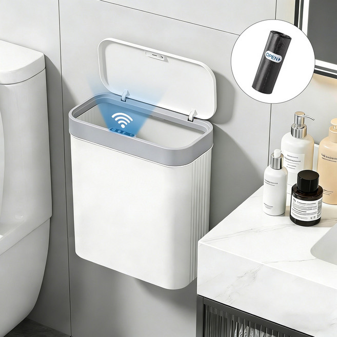 KEMEI 냄새 차단 스마트 자동 센서 휴지통 벽걸이형 14L 화장실용, 화이트