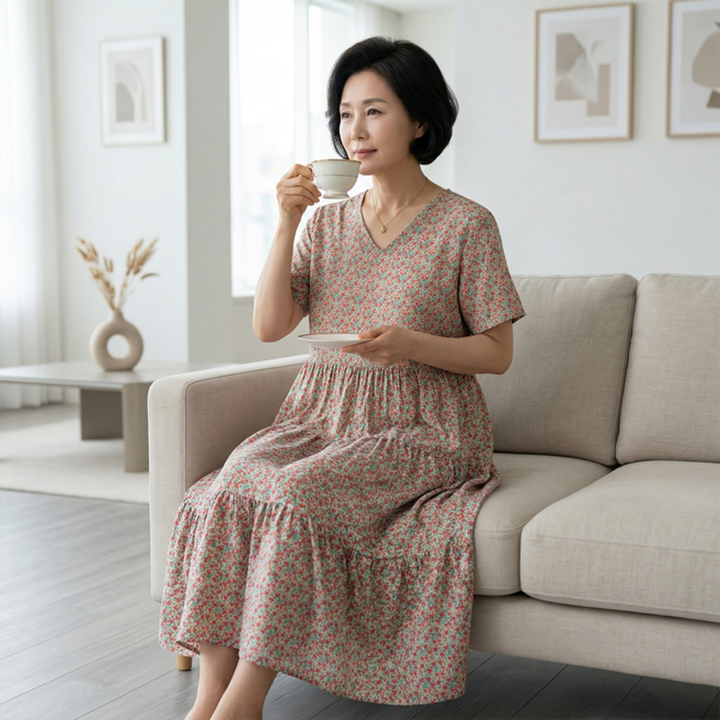 시원한 브이넥 반팔 캉캉 원피스 셔링 아이스 원단 빅사이즈 마실 홈웨어 잠옷