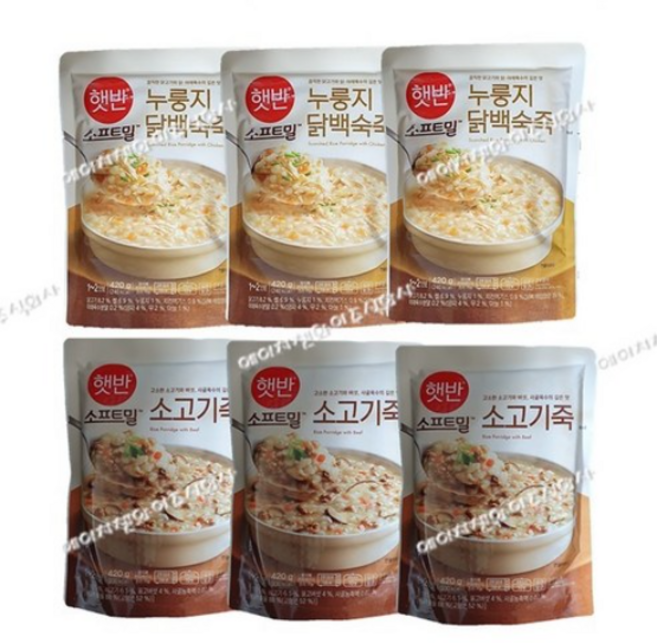 [꾸리미] 햇반 소프트밀 죽 420g 누룽지닭백숙죽3+소고기죽3, 1세트