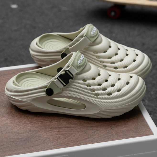 男士洞洞鞋 踩屎感包頭涼鞋 戶外沙灘運動透氣軟底涼鞋, 米綠-6812, 44-45