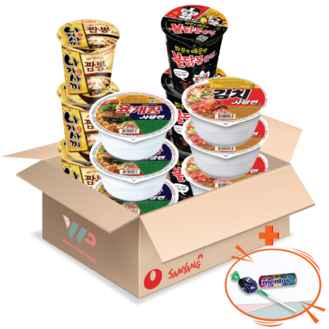 농심 삼양 컵라면 소컵 4종 혼합세트 육개장사발면 3컵+김치사발면 3컵+나가사끼짬뽕 3컵+불닭볶음면 3컵 총 12컵입 미니 멘토스+투시팝 사탕 사은품 2종 증정, 1개